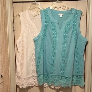 Sleeveless Lace Trim Tops Set - White and Greenish Blue